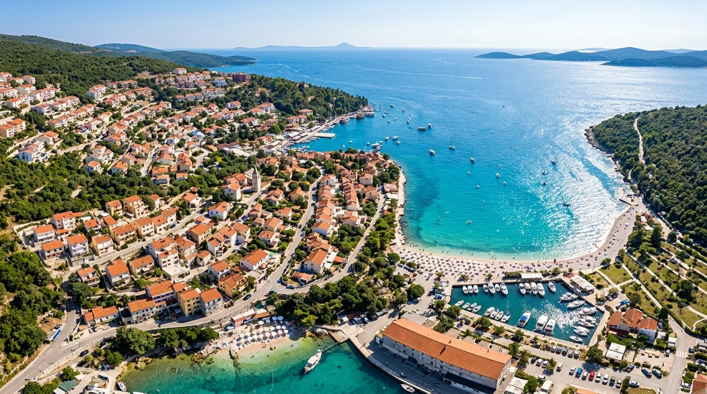 Kombi prevoz Beograd → Rabac — uvala Rabac sa plažom, lukom i kućama na padini · Apex Travels