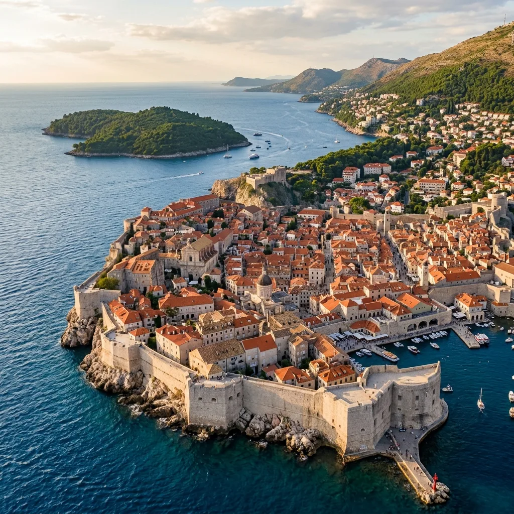 Stari grad Dubrovnika sa zidinama 1940 m, Stradun glavna ulica i tvrđava Lovrijenac iznad zaliva