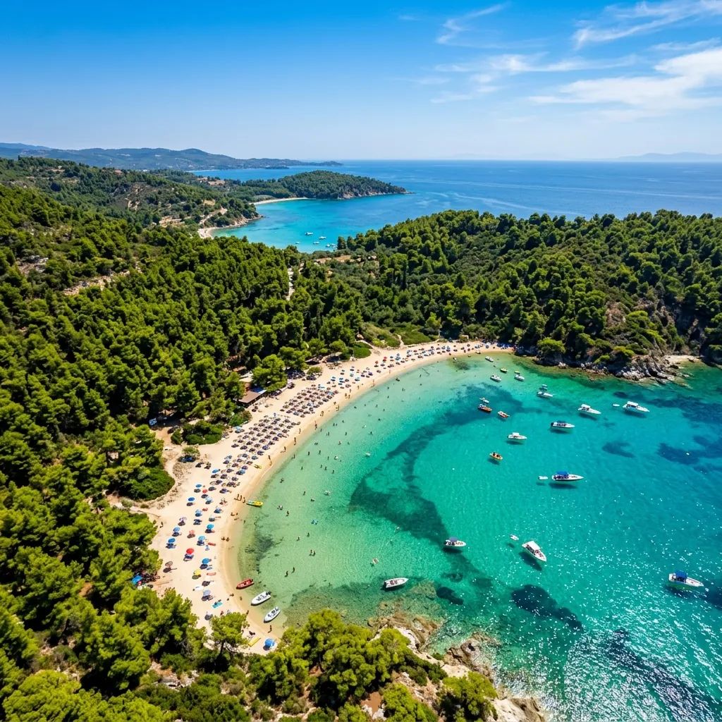 Plaža Glarokavos u Paliouriju na jugu Kasandre sa borovom šumom i slanim jezerom