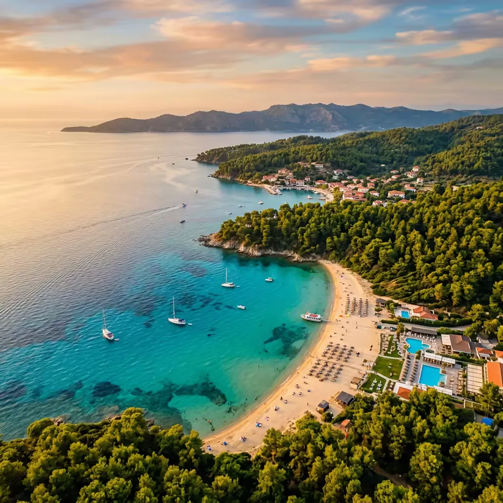 Plaža Metamorfosija na Sitoniji okružena gustom borovom šumom