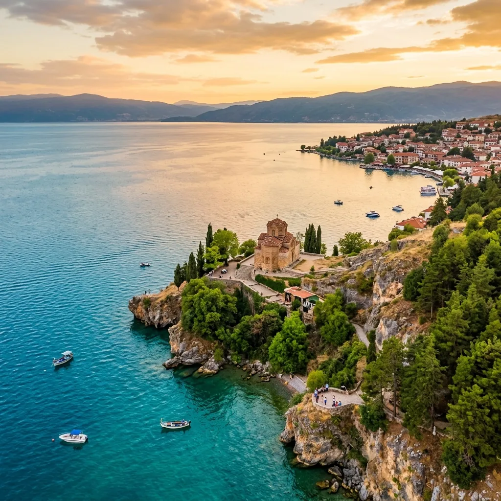 Ohridsko jezero sa plažom Kaneo i crkvom Svetog Jovana Kaneo na steni