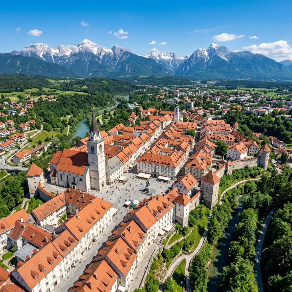 Kanjon reke Kokre kroz centar Kranja sa pogledom na srednjevekovno jezgro