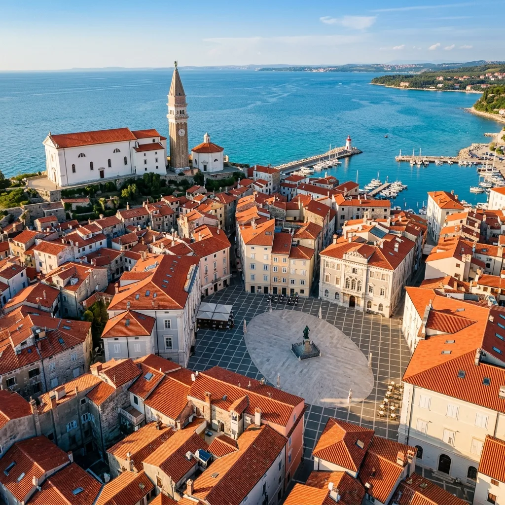 Piran panorama sa Tartinijevog trga, kipom Tartinija i venecijanskim crvenim krovovima
