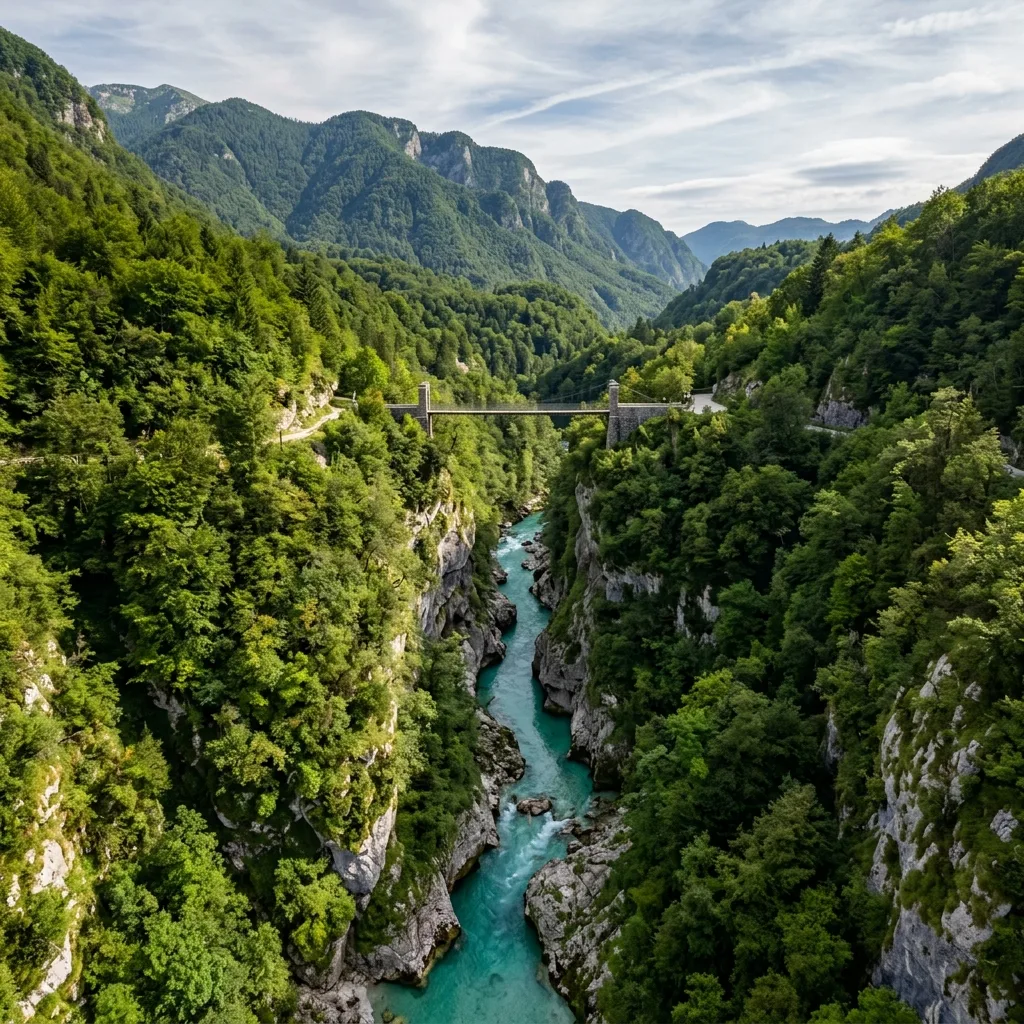Vražji most iznad Tolminskih korita u dolini Soče, smaragdna voda Tolminke u dubokom kanjonu