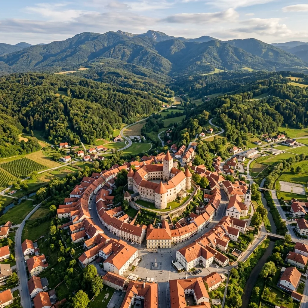 Bistriški dvorac u Slovenskoj Bistrici sa Pohorjem u pozadini