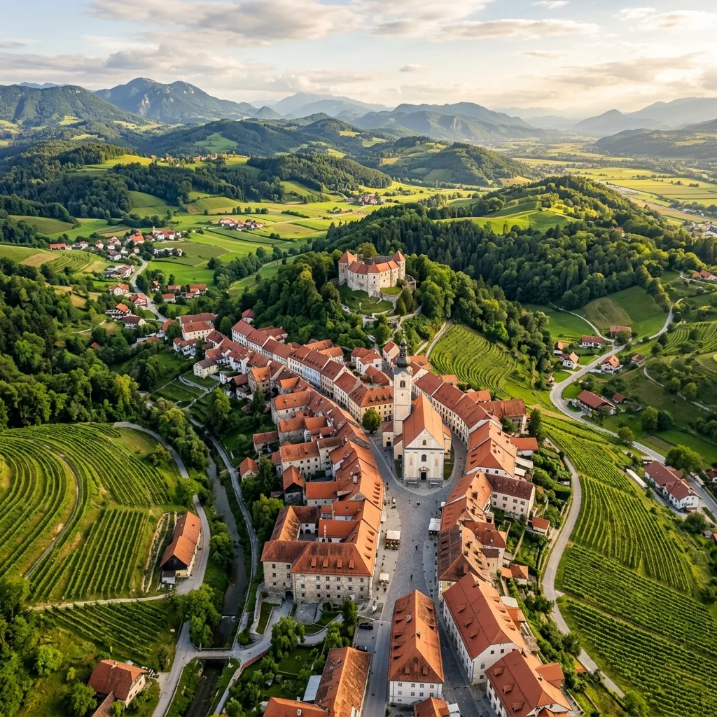 Stari grad Slovenske Konjice sa centralnim trgom i istorijskim fontanama